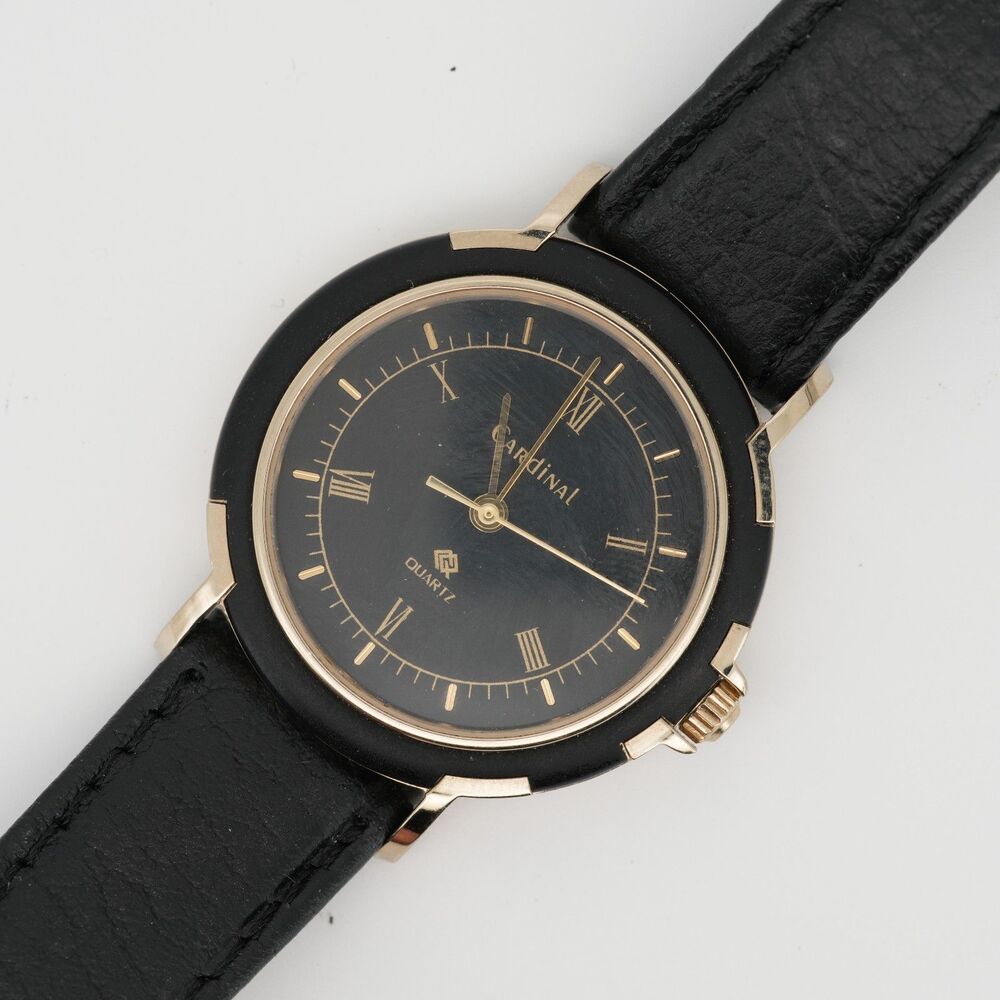 Cardinal 34mm Gold Black Dress Watch Poljot 1656H Quartz – Running NOS Strap